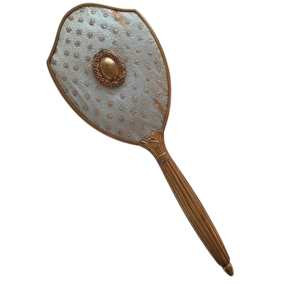 vintage gold-tone metal and fabric vanity hand mirror old hollywood glam - Picture 1 of 5